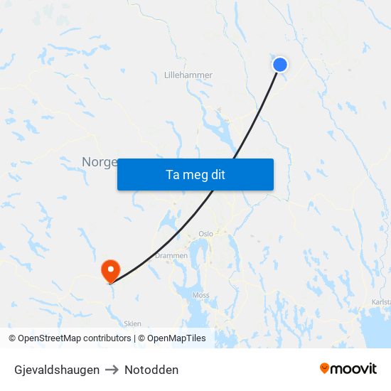 Gjevaldshaugen to Notodden map