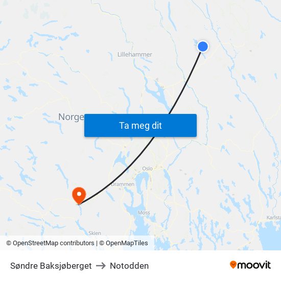 Søndre Baksjøberget to Notodden map