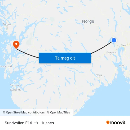 Sundvollen E16 to Husnes map