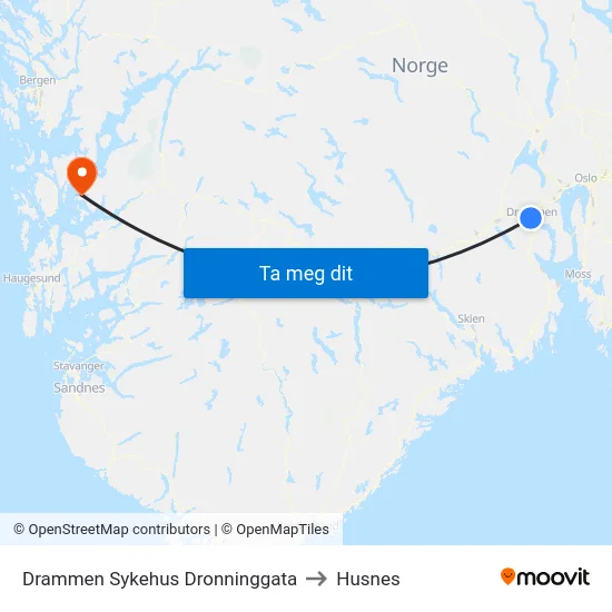 Drammen Sykehus Dronninggata to Husnes map
