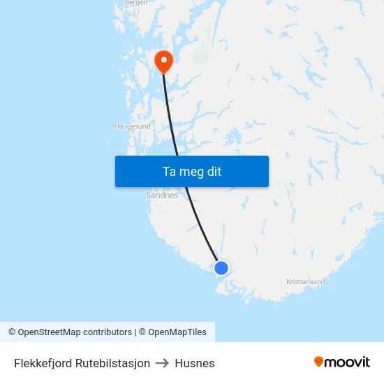 Flekkefjord Rutebilstasjon to Husnes map
