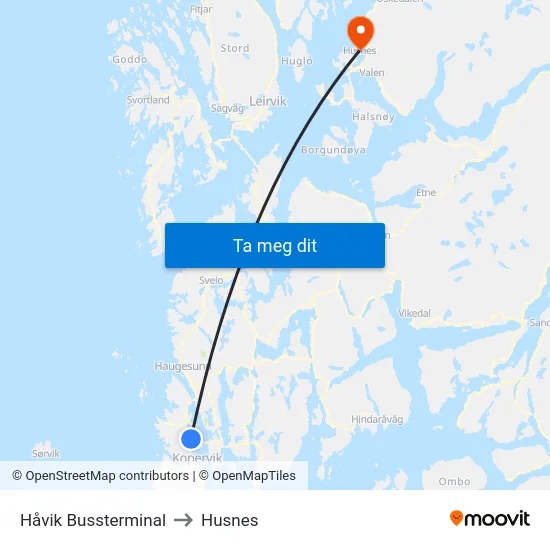 Håvik Bussterminal to Husnes map