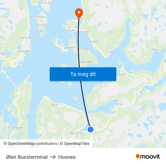 Ølen Bussterminal to Husnes map