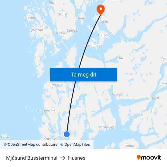 Mjåsund Bussterminal to Husnes map