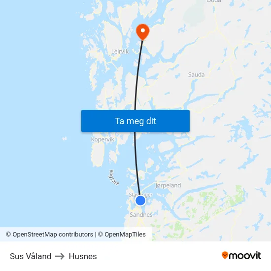 Sus Våland to Husnes map