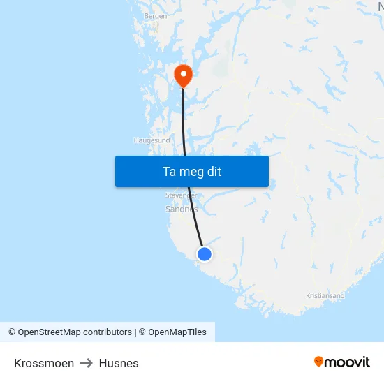 Krossmoen to Husnes map