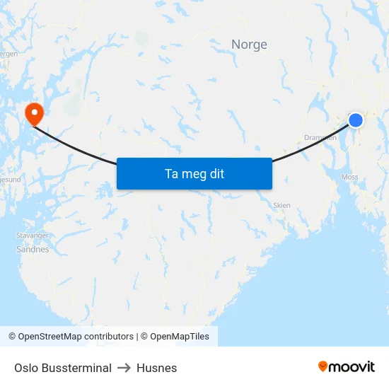 Oslo Bussterminal to Husnes map