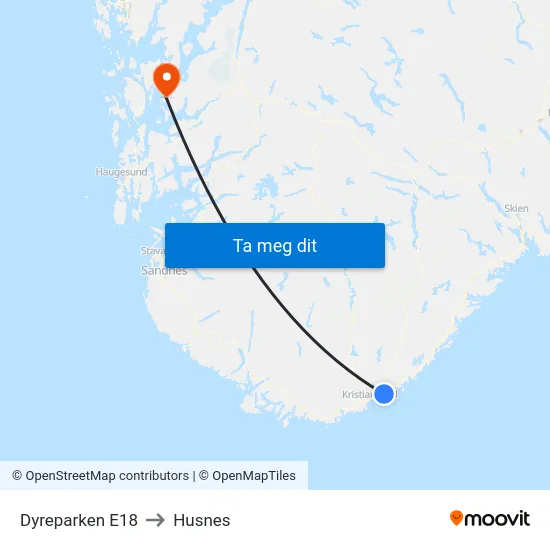 Dyreparken E18 to Husnes map