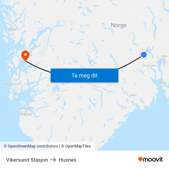 Vikersund Stasjon to Husnes map
