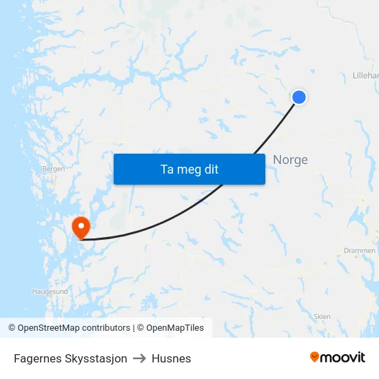 Fagernes Skysstasjon to Husnes map