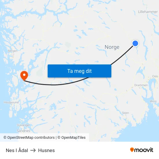 Nes I Ådal to Husnes map