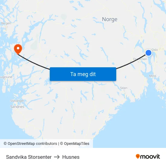 Sandvika Storsenter to Husnes map