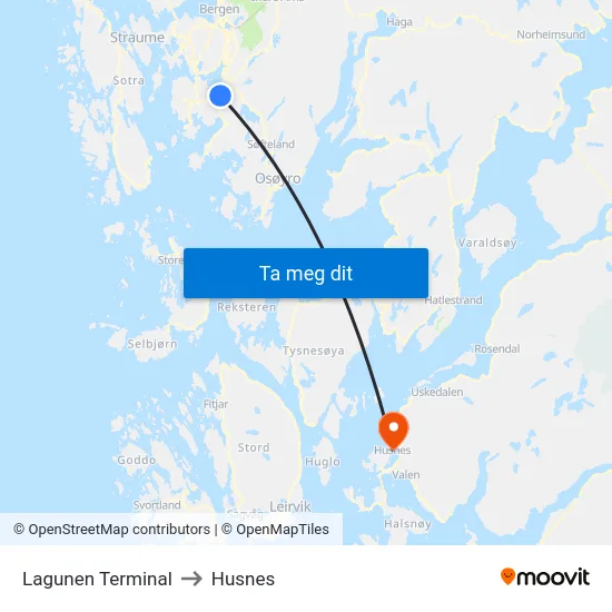 Lagunen Terminal to Husnes map