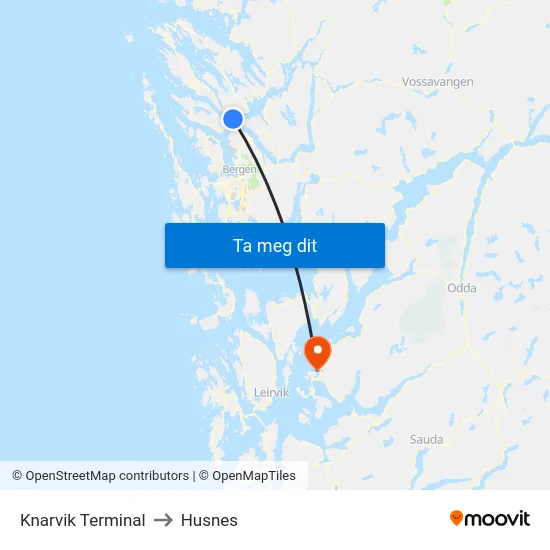 Knarvik Terminal to Husnes map