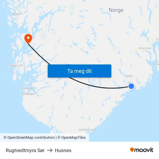 Rugtvedtmyra Sør to Husnes map