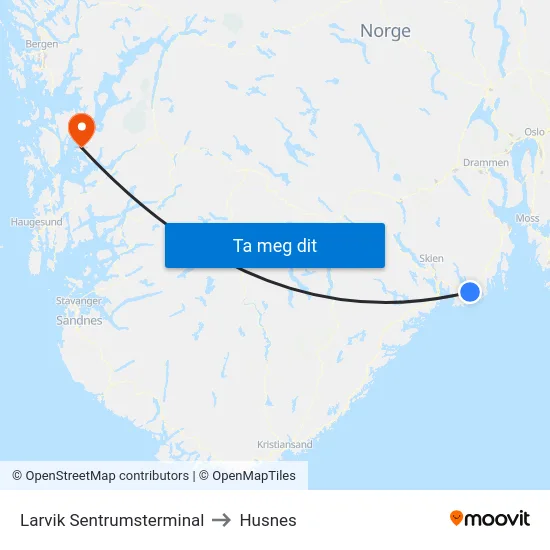 Larvik Sentrumsterminal to Husnes map