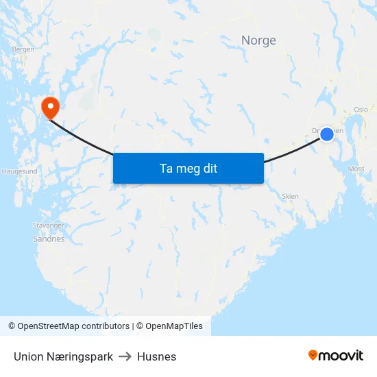 Union Næringspark to Husnes map