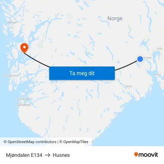 Mjøndalen E134 to Husnes map