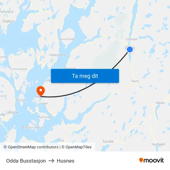 Odda Busstasjon to Husnes map