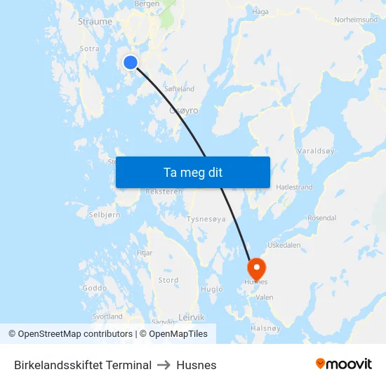 Birkelandsskiftet Terminal to Husnes map