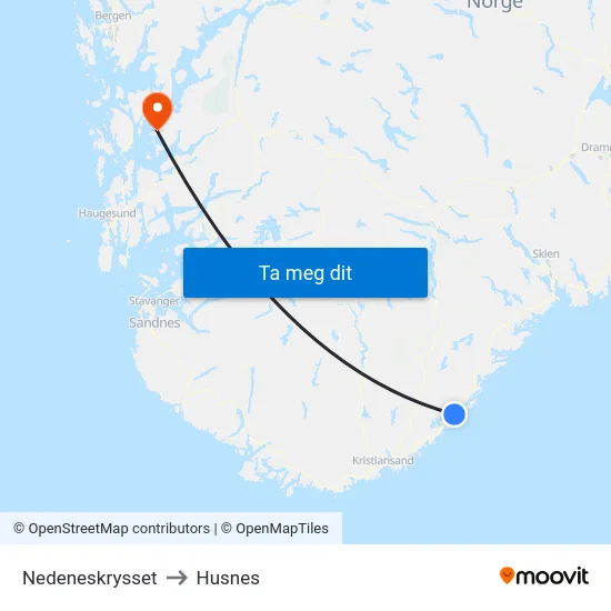 Nedeneskrysset to Husnes map