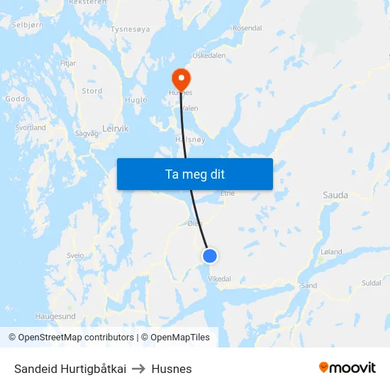 Sandeid Hurtigbåtkai to Husnes map