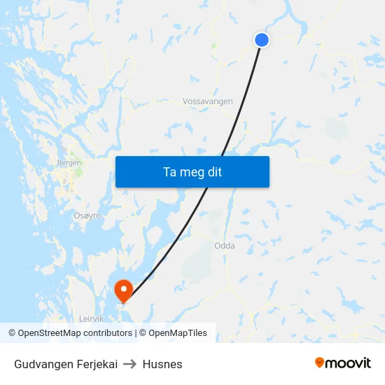 Gudvangen Ferjekai to Husnes map