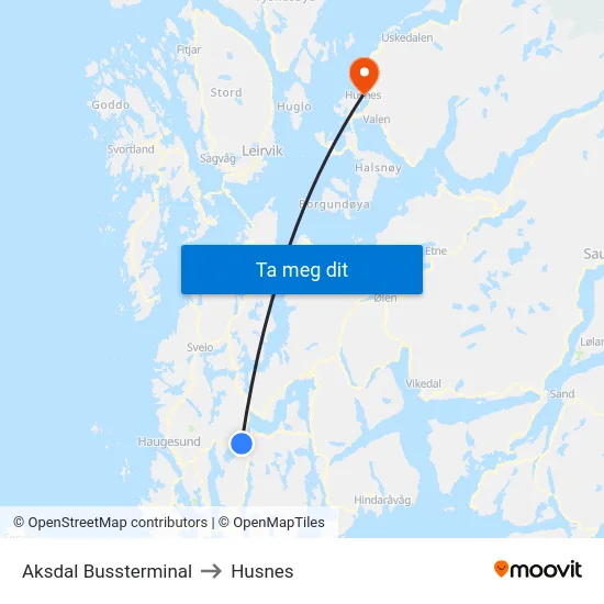 Aksdal Bussterminal to Husnes map
