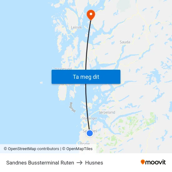 Sandnes Bussterminal Ruten to Husnes map