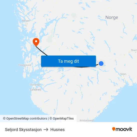 Seljord Skysstasjon to Husnes map