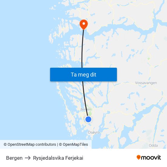 Bergen to Rysjedalsvika Ferjekai map