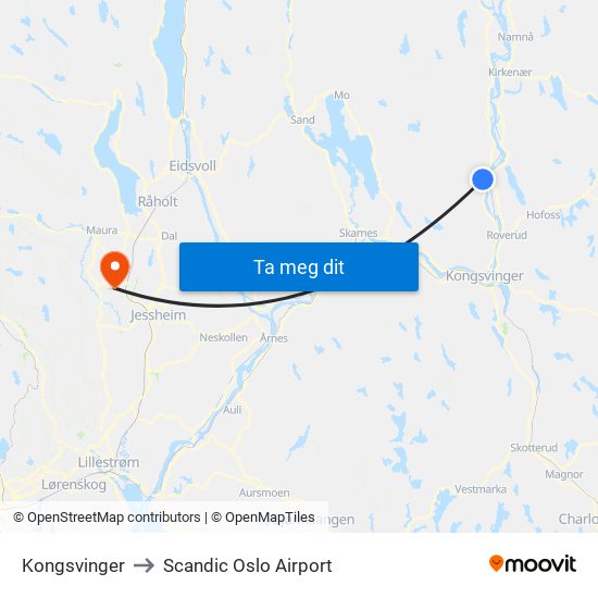 Kongsvinger to Scandic Oslo Airport map