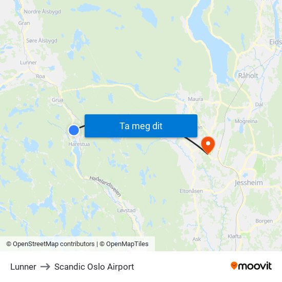 Lunner to Scandic Oslo Airport map