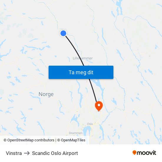 Vinstra to Scandic Oslo Airport map