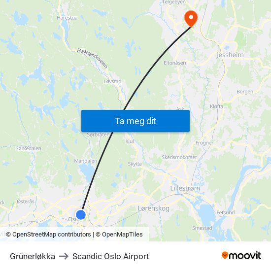 Grünerløkka to Scandic Oslo Airport map