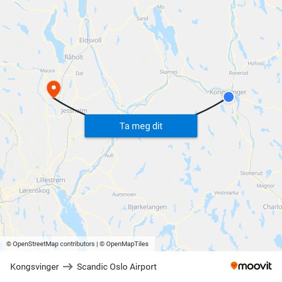 Kongsvinger to Scandic Oslo Airport map