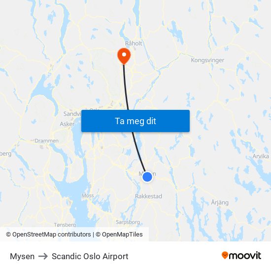 Mysen to Scandic Oslo Airport map