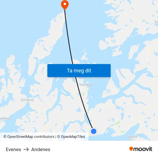 Evenes to Andenes map