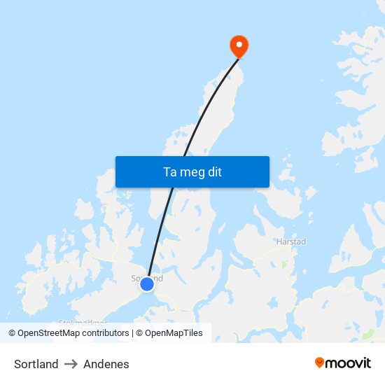 Sortland to Andenes map