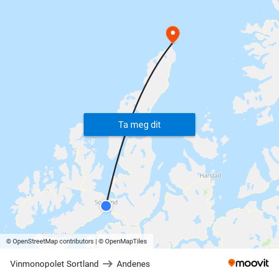 Vinmonopolet Sortland to Andenes map