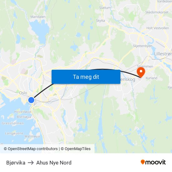 Bjørvika to Ahus Nye Nord map