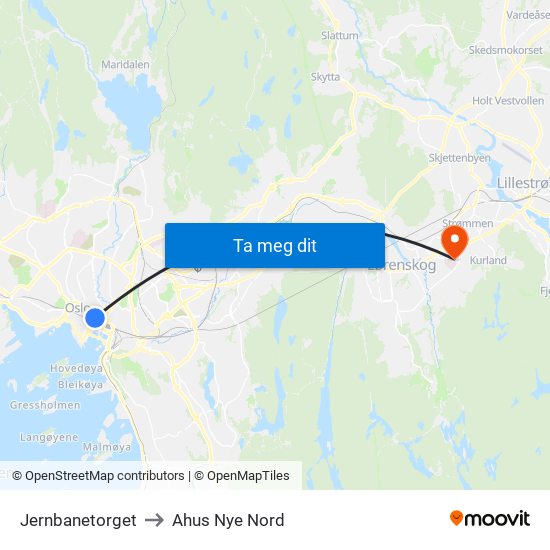 Jernbanetorget to Ahus Nye Nord map