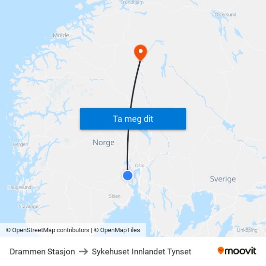 Drammen Stasjon to Sykehuset Innlandet Tynset map