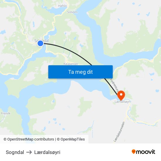 Sogndal to Lærdalsøyri map