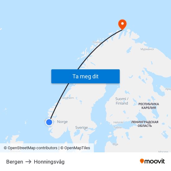 Bergen to Honningsvåg map