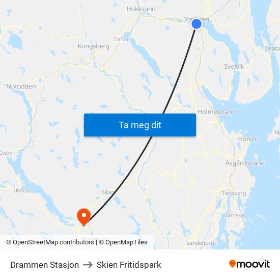 Drammen Stasjon to Skien Fritidspark map