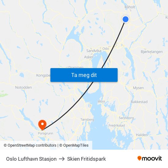Oslo Lufthavn Stasjon to Skien Fritidspark map