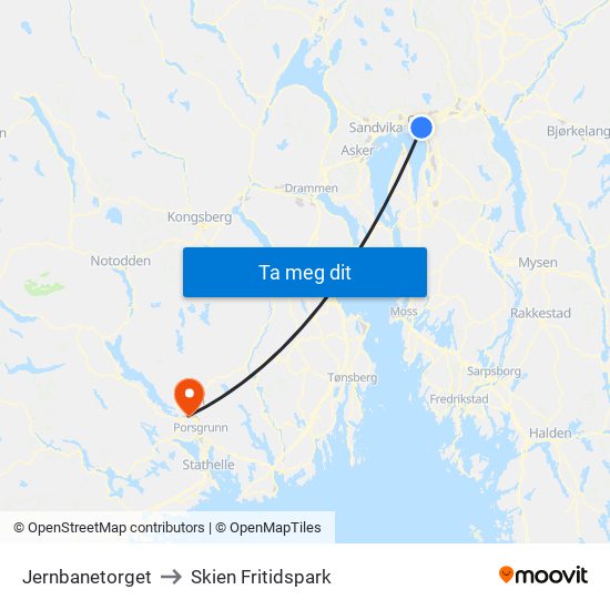 Jernbanetorget to Skien Fritidspark map