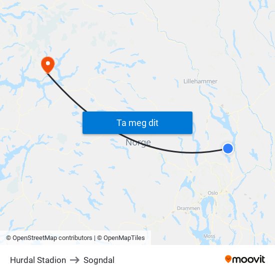 Hurdal Stadion to Sogndal map