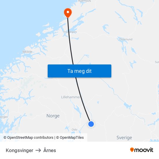 Kongsvinger to Årnes map